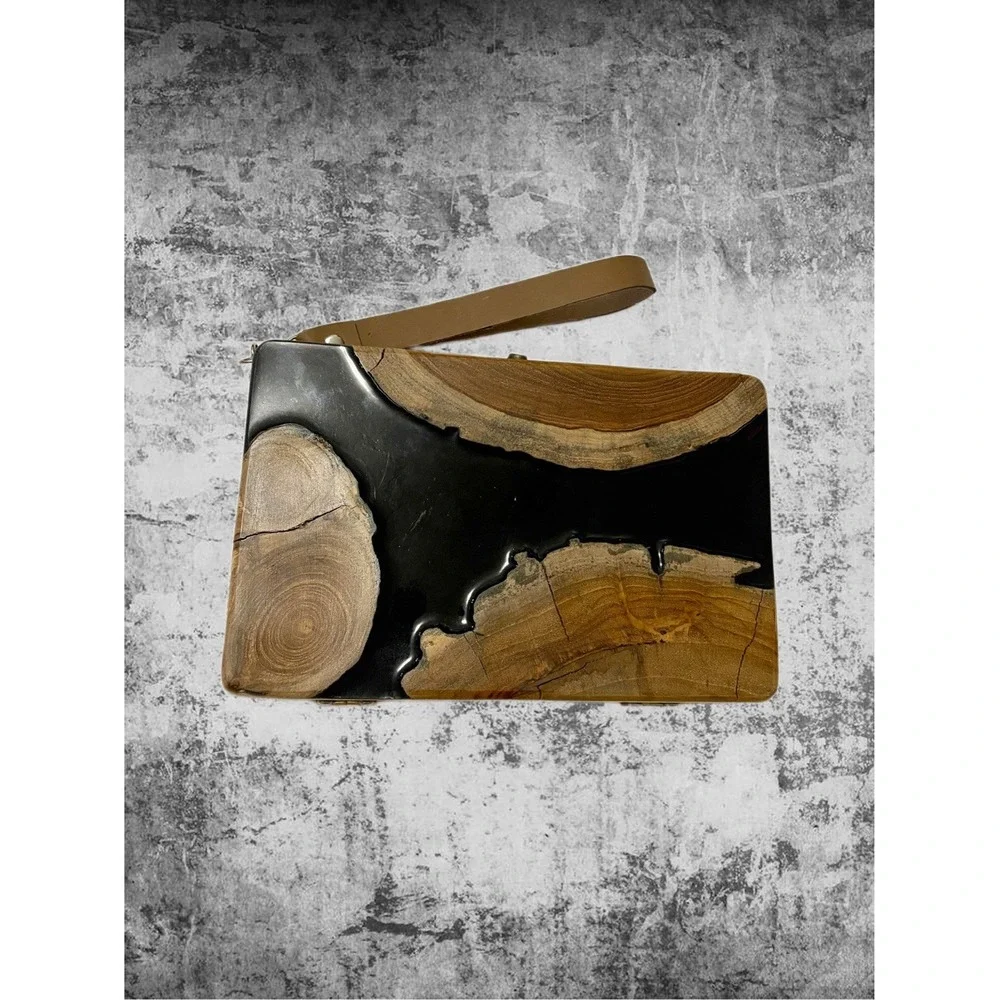 Biofurface $250 Teak Wood Side Handle Bag with Epoxy Resin Eco Friendly Art Fall
